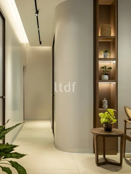 A view of the clinic's corridor, where a curved wall softens the geometry of the space. An inset wooden shelf with integrated lighting provides a niche for greenery and decor, transforming a simple passageway into a thoughtfully designed experience.