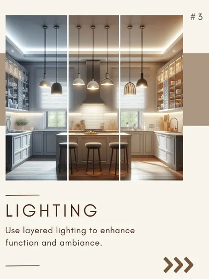 Layered lighting is essential for both function and ambiance. I combine overhead lights for general illumination, task lighting under cabinets, and pendant lights over islands for a complete setup.