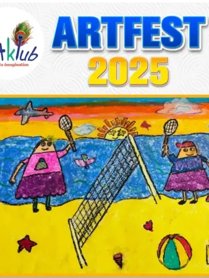 A cheerful beach badminton scene created with bright oil pastels. Two characters enjoy a game by the sea, surrounded by sandcastles and sunshine.