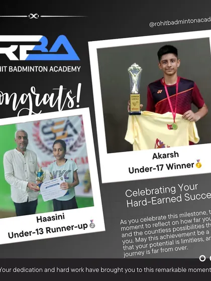 A graphic celebrating the hard-earned success of Akarsh (U-17 Winner) and Haasini (U-13 Runner-up) in their respective tournaments.