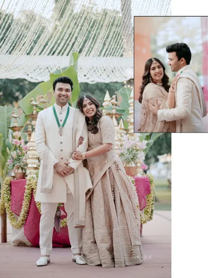 A collage showing the couple's relaxed and happy portraits from their wedding day, highlighting their easy chemistry.