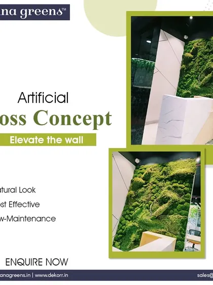 Elevate your wall with our artificial moss concept. This installation shows a close-up of the varied textures, creating a cost-effective and low-maintenance feature that is incredibly natural-looking.