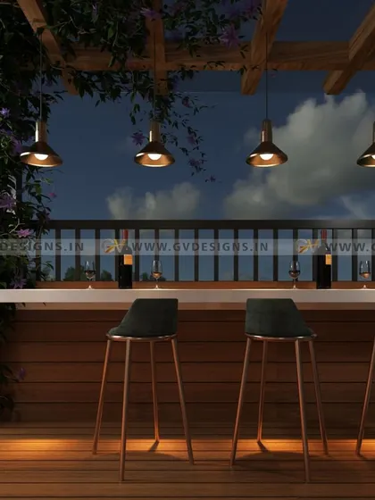 An outdoor bar designed for entertaining. We used a durable countertop and wood-paneled base, complemented by elegant high-top chairs. The space is framed by a wooden pergola with climbing plants and illuminated by stylish pendant lights for the perfect evening setting.
