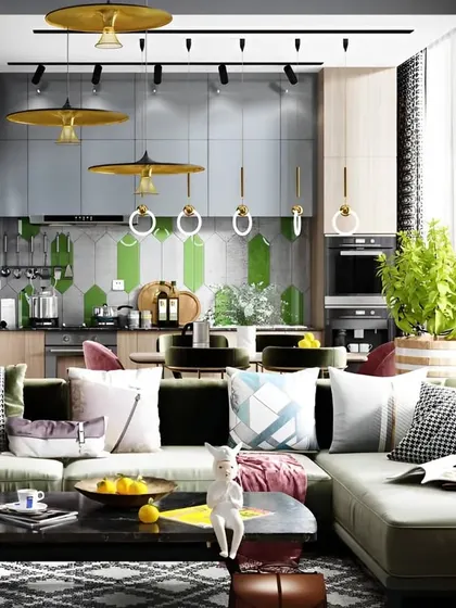 An open-plan living and kitchen area with a vibrant and eclectic style. The design mixes different patterns, colors, and textures to create a lively and personalized space.
