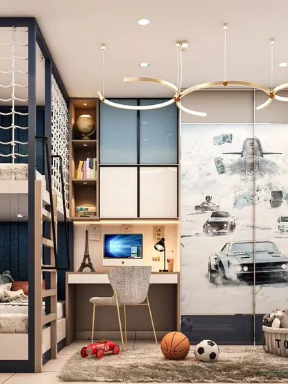 This action-packed kids' room is perfect for an aspiring racer. The design includes a bunk bed with a safety net, an integrated study desk, and a full-wall wardrobe featuring a dynamic car race graphic.