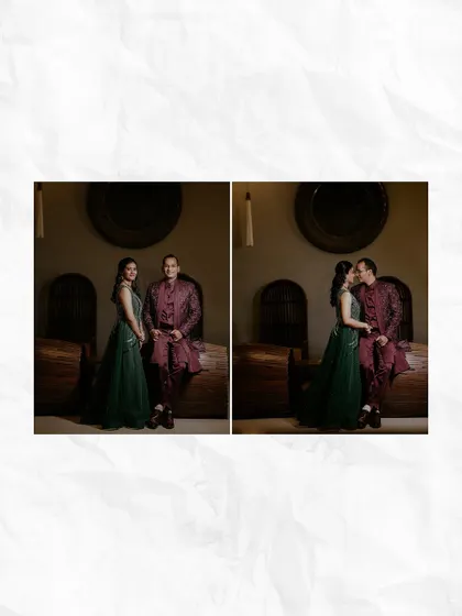 A diptych of the couple posing for a formal portrait and sharing an intimate moment during their reception.
