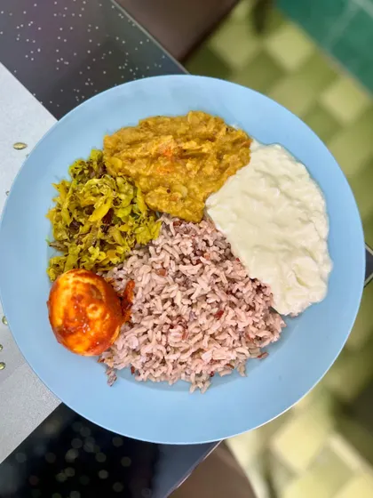This plate features red rice with dal, cabbage palya, a masala boiled egg, and a side of curd.