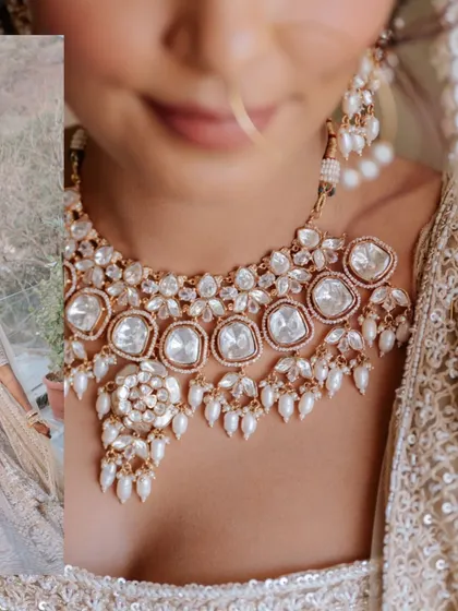 A detailed shot of the bride's exquisite polki necklace. Capturing these beautiful details is part of telling the full story of her bridal look.