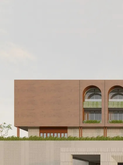 A detailed view of the facade for an upcoming project. This render shows the interplay of arched windows, textured surfaces, and integrated planters, creating a rich and layered building exterior.