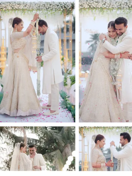A collage showing the emotional highlights of a Varmala ceremony, from the playful garland exchange to the heartfelt hug that follows.