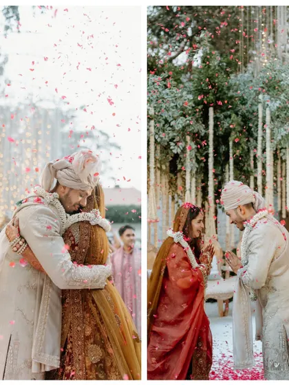 A collage of key ceremony moments, from the emotional hug after the jaimala to the couple's greeting. It tells a story of love, tradition, and shared joy.