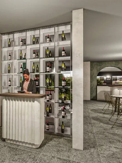 A 3D render of the bar and reception area for "Don't Tell Mama." This visualization shows our initial concept for the fluted counter and the dramatic, reflective bar display, which became a favorite feature.
