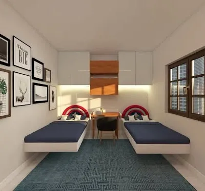 This shared bedroom design utilizes floating beds to create a sense of spaciousness. A central study desk is shared between the two beds, with overhead cabinets for storage and a gallery wall for personalization.