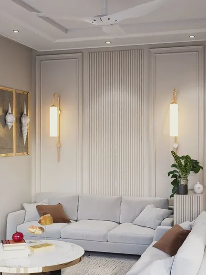 A 3D render of a serene living room with a light grey sofa, a marble-top coffee table, and elegant wall paneling. The design uses a neutral color palette to create a calm and sophisticated atmosphere.