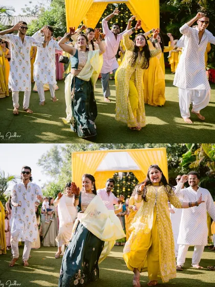 The wedding party dancing with full energy at Ankita and Shantanu's outdoor Haldi ceremony.