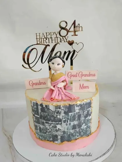 A heartfelt 84th birthday cake for a mom, grandma, and great-grandma. This design features a photo collage of memories and a custom figurine, making it a truly personal tribute.