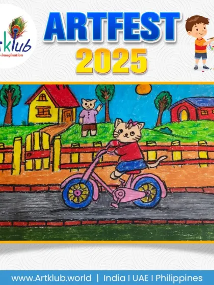 A very colorful drawing of a cat riding a bicycle, from our junior division.