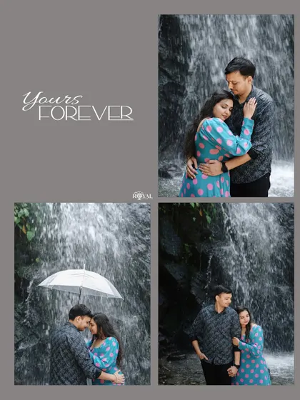 A four-panel collage capturing a couple's romantic moments by a waterfall, including a sweet shot under an umbrella.