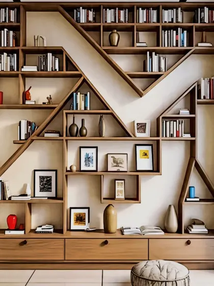 A highly creative and artistic bookshelf design. The unique geometric shapes turn a simple storage unit into a stunning feature wall, with a mix of shelves and drawers for books and decor.