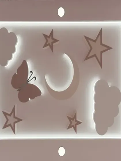 A whimsical false ceiling for a kids' room, featuring cutouts of clouds, stars, a moon, and a butterfly, all with backlighting.