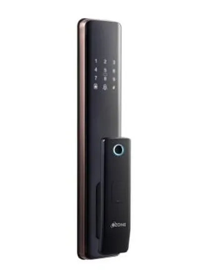 The Ozone Morphy Nxt Plus smart lock, shown in a rose gold finish. This model features a rechargeable lithium-ion battery and an anti-theft password function for enhanced security.