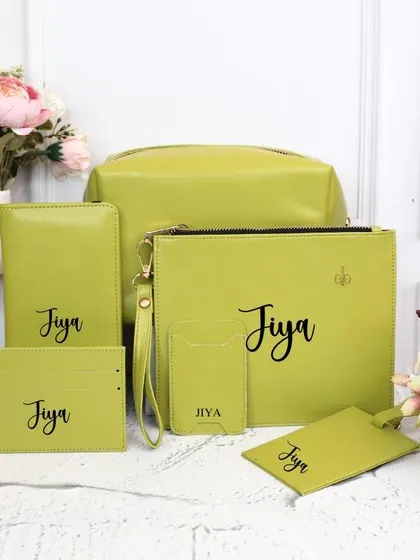 A unique and eye-catching travel kit in a lime green color. The personalized set is perfect for making a statement on your next adventure.