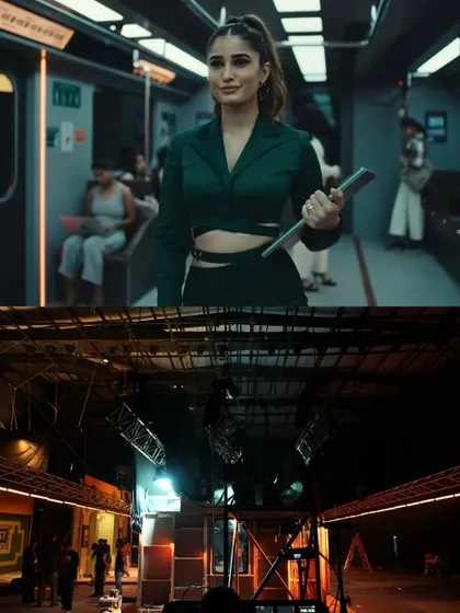 A comparison showing the final shot of the talent in the Motorola ad versus the on-set reality. Our lighting rig is visible above, creating the polished look of the final product.