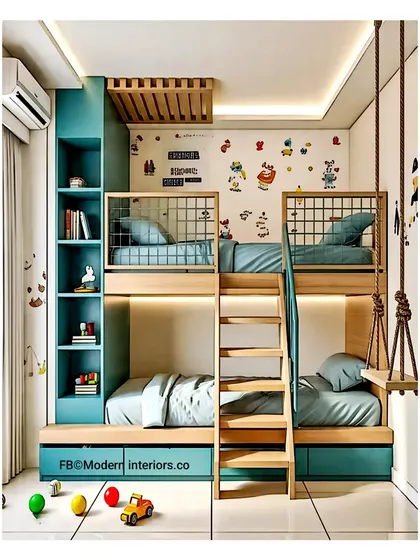 This fun kids' room design features a unique four-bed setup, perfect for sleepovers. The teal color, wall decals, and indoor swing make it a super playful space.