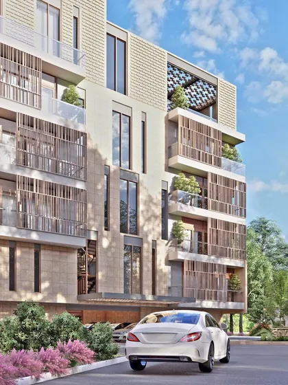 Renderings of 'Sriniketan', a guesthouse for pilgrims in Tirupati. The design features terraced gardens and an ornate facade inspired by temple architecture.