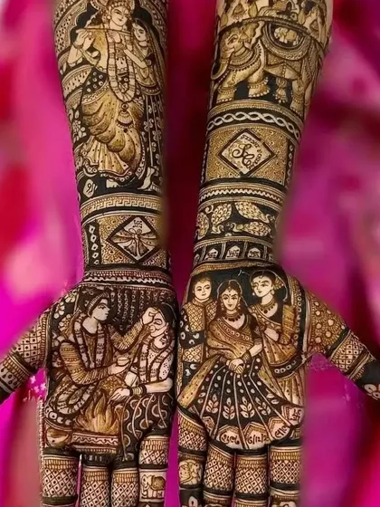 A stunning bridal mehendi featuring a sindoor ceremony, a family portrait, and a depiction of Radha-Krishna, all tied together with intricate patterns.
