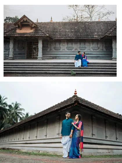 Two perspectives from the same traditional pre-wedding shoot, showing both a wide shot of the temple architecture and a more intimate couple portrait.