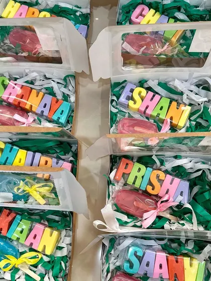 A shot of my most popular personalized gift set: custom name soaps paired with a colorful popsicle soap.