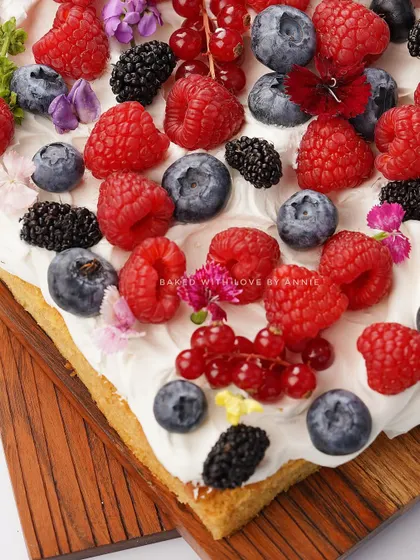 A close-up of the fresh berry topping on my vanilla sheet cake. The combination of different berries provides a wonderful balance of sweet and tart.