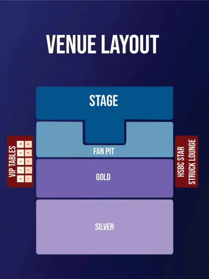 The venue layout for the Akon concert, clearly marking the VIP tables, fan pit, and different seating tiers. We provide clear information to help guests choose their ideal experience.