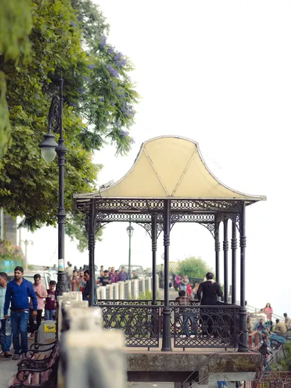 The charming, colonial-era gazebo on the Mall Road in Mussoorie. It's a landmark that adds to the old-world charm of the hill station.
