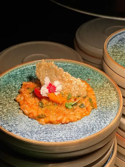 A close-up of our risotto entree, showcasing the fresh ingredients and artistic garnish. It's a promise of impeccable taste and unmatched fusion.