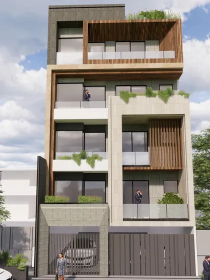 A facade design characterized by linear voids and walls. The composition creates a strong vertical rhythm, with recessed balconies and a mix of stone, wood, and plaster finishes.