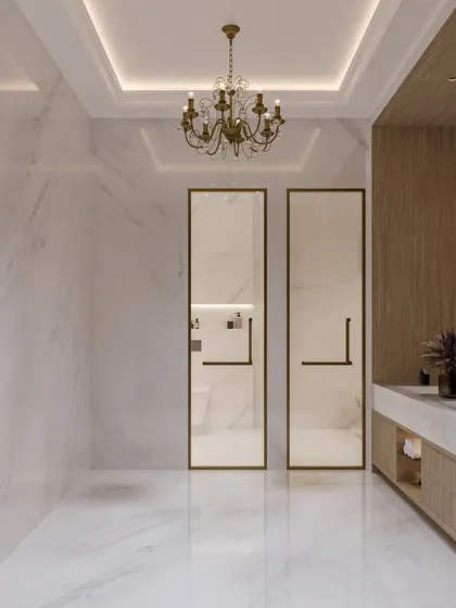 This bright and airy bathroom concept uses white marble on the walls and floors, creating a sense of clean, timeless luxury. Warm wood accents and a classic chandelier add a touch of elegance and warmth.