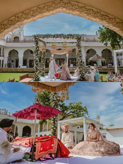 A collage showing the beautiful outdoor Anand Karaj ceremony at The Raj Palace, Jaipur.