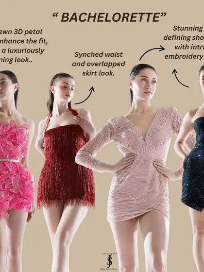 For your bachelorette, think fun and flirty. These mini dresses with 3D petal cutouts, fringe details, or stunning embroidery are perfect for a night out with your girls.