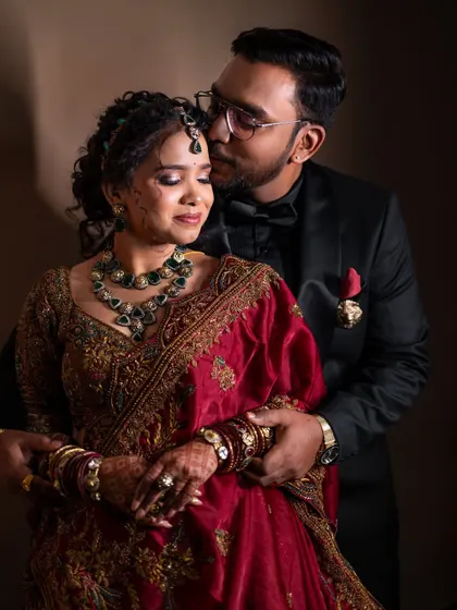 A beautiful moment between bride Lavanya and her groom at their reception. I provided a complete makeover for both, ensuring they looked like a perfectly coordinated, glamorous couple.