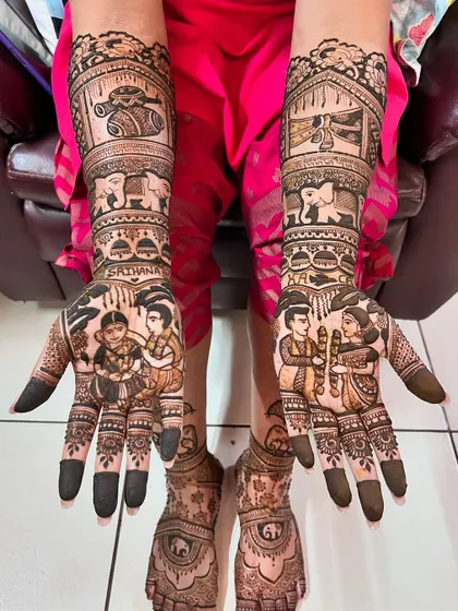 A complete bridal look, with intricate mehendi on both hands and feet, featuring family portraits.
