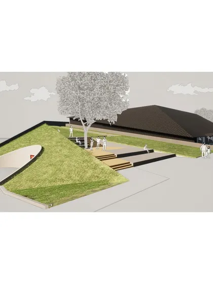 This render illustrates how the sports facility snuggles under a blanket of landscape, making its presence less obvious from within the university campus.
