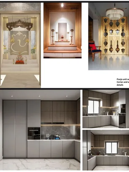 A mood board showcasing various design directions for pooja units. It explores different materials like Corian and wood, and features concepts from grand, ornate designs to minimalist, meditative spaces.