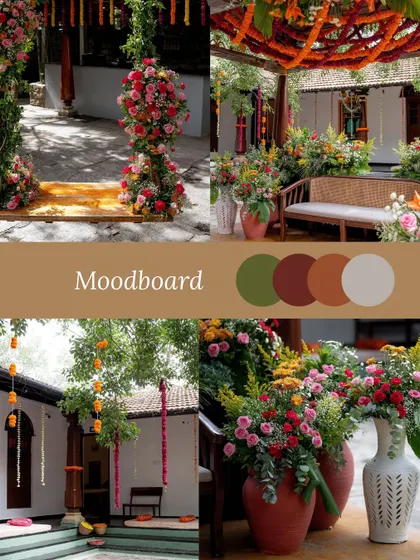 This moodboard illustrates the vision for a Mehendi ceremony that blends color with character. It features floral swings, traditional seating, and arrangements in earthen pots, all tied together with a warm color palette.