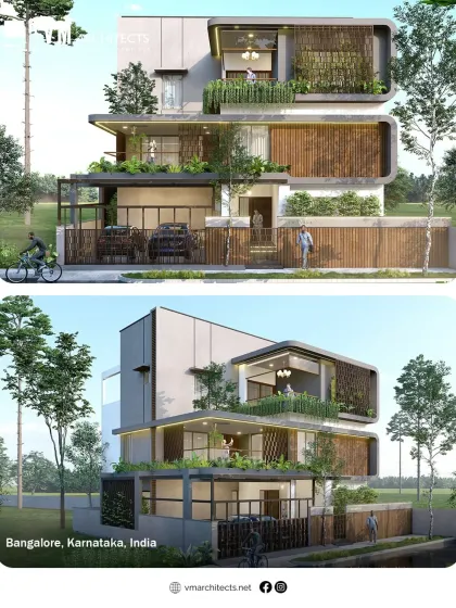 This Bangalore residence demonstrates my approach to modern urban architecture. The design uses clean lines, wooden louvers for privacy and texture, and integrated green balconies to create a dynamic facade that stands out in the city.