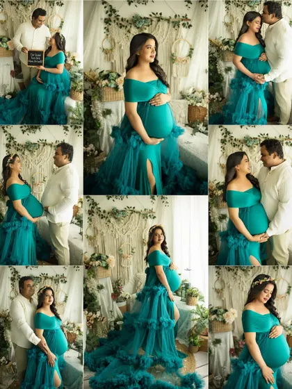 A collage showcasing a stunning twin pregnancy photoshoot. The mother-to-be looks incredible in a teal ruffled gown in our versatile boho studio.