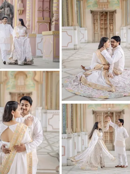 A collection of moments from a royal-themed shoot, featuring the couple in coordinated white outfits. We captured walking shots, seated portraits, and a graceful dance, all within a beautiful palace courtyard.