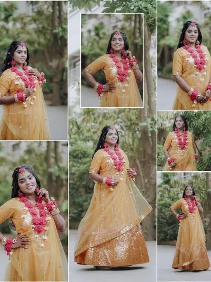 A collage of the bride's Haldi portraits, capturing her in various poses and moods.