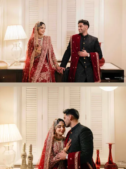 A diptych showing two beautiful moments: the couple holding hands and a tender kiss on the forehead. This tells a small story of their love and commitment.